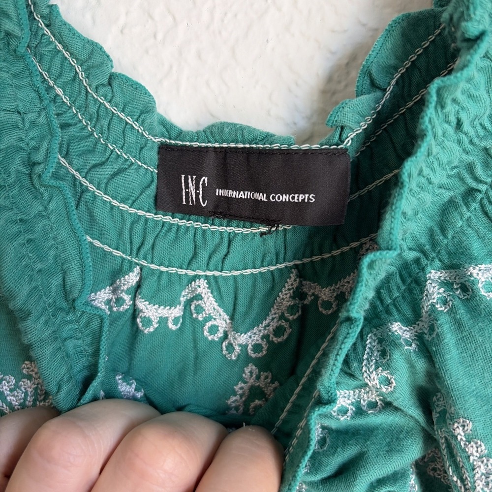 INC Long Bohemian Embroidered Smocked Neck Tunic Top Women's Small - Picture 3 of 6